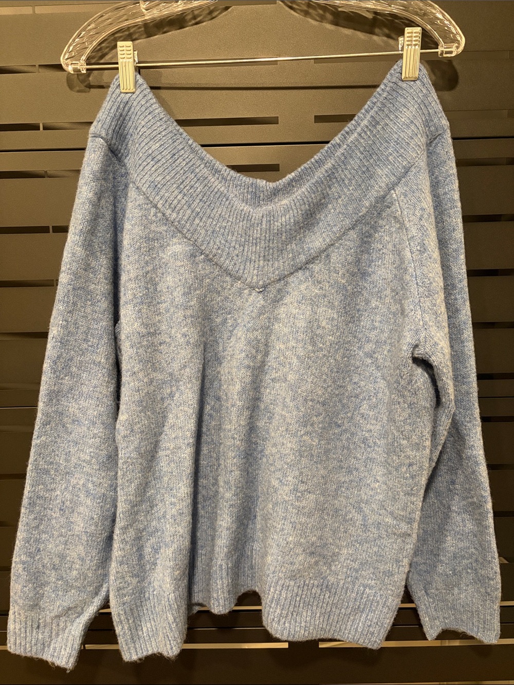 H&M Heathered Blue Double V-Neck Off Shoulder Sweater